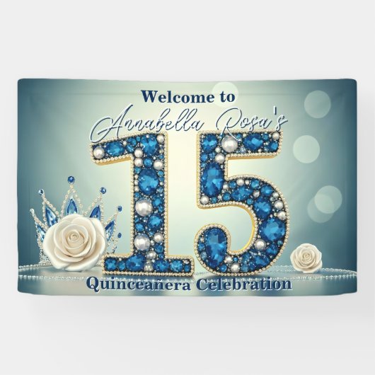 Blue Juwelen & Zilveren Kroon 15e Verjaardagsfeest Spandoek (Horizontaal)