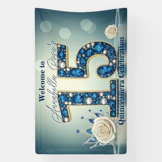 Blue Juwelen & Zilveren Kroon 15e Verjaardagsfeest Spandoek (Verticaal)