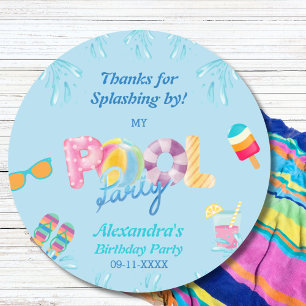 Blue Kids Verjaardag Pool Party Favoriet Dank u Ronde Sticker