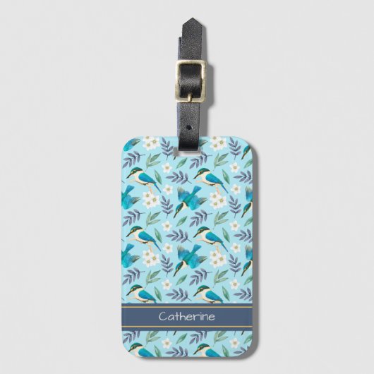 Blue Kingfisher Birds Floral Pattern Name Bagagelabel (Voorkant (verticaal))