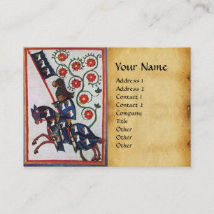 BLUE KNIGHT HORSEBACK Red Roses Medieval Parchment Visitekaartje