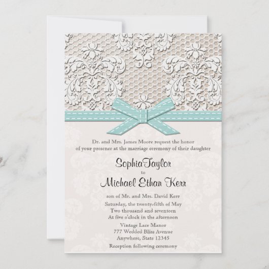 Blue Lace en Pearls Glamor Wedding Kaart (Voorkant)