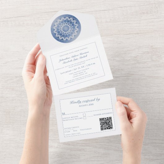 Blue Lace Mandala Wedding All In One Uitnodiging (Afscheurbaar)