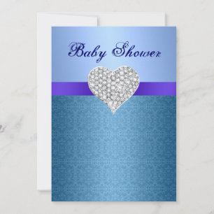 Blue Lace Pattern Diamond Heart Baby shower Invite Kaart