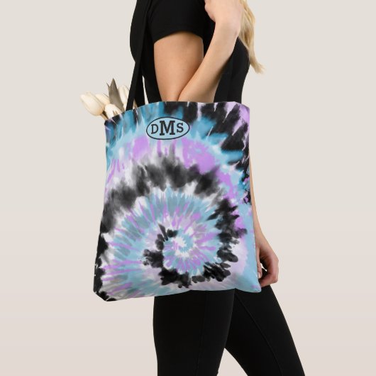 Blue Lavender Black Tie Dye Abstract Monogram Draagtas (Dichtbij)