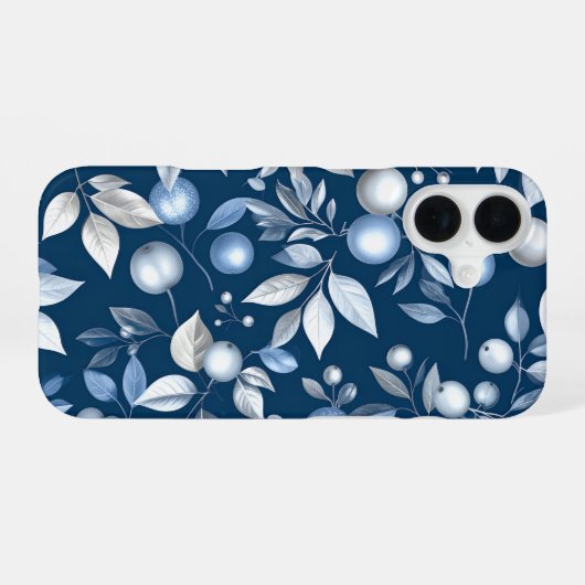 Blue Leaf Berry Pattern iPhone 16 Hoesje (Achterkant horizontaal)