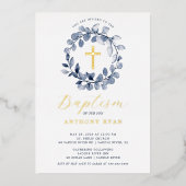 Blue Leaf Boys Baptism Folie Invitation Folie Uitnodiging (Voorkant)