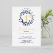 Blue Leaf Boys Baptism Folie Invitation Folie Uitnodiging (Staand Voorkant)