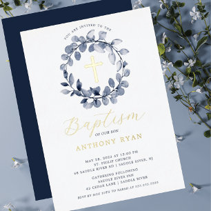 Blue Leaf Boys Baptism Folie Invitation Folie Uitnodiging