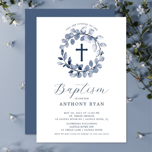 Blue Leaf Boys Baptisme Invitation Kaart