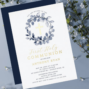 Blue Leaf Boys Eerste Communie Folie Uitnodiging