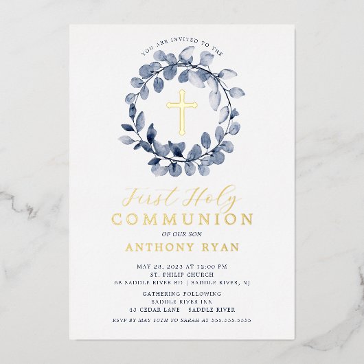 Blue Leaf Boys First Communion Foil Invitation (Recto)