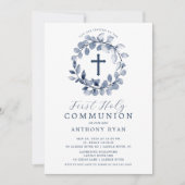Blue Leaf Boys First Communion Invitation (Devant)