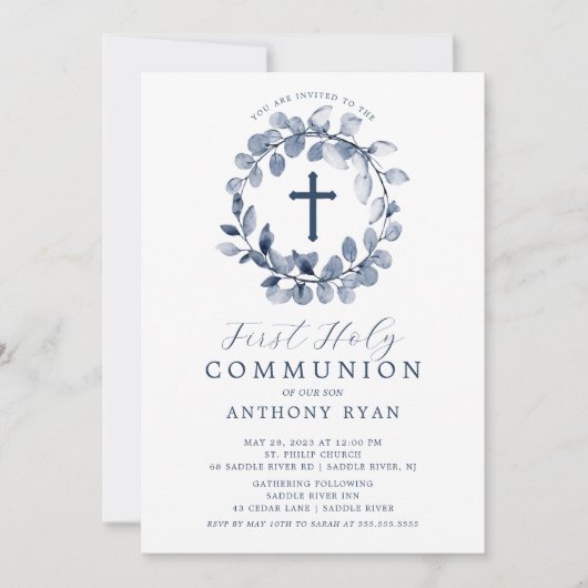 Blue Leaf Boys First Communion Invitation (Devant)