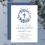 Blue Leaf Boys First Communion Invitation<br><div class="desc">Belles invitations à la première communion avec une feuille bleue molle et une croix sur un arrière - plan blanc. Retournez notre invitation pour voir un retour de coordination pour une touche spéciale supplémentaire. Visitez notre boutique pour voir toute notre collection de feuilles.</div>