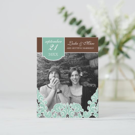 Blue Leaf Swirl Damask 2 De datum opslaan Aankondigingskaart (Staand voorkant)