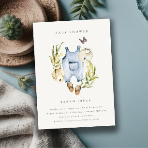 Blue Leafy Foliage Boy Clothes Baby shower Invite Bedankkaart