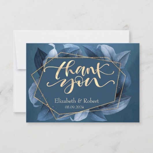 Blue Leaves Gold Lijst Bruiloft Dank u Kaart (Voorkant)