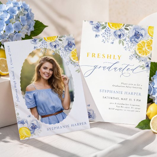 Blue Lemon Freshly Graduated Invitation Kaart