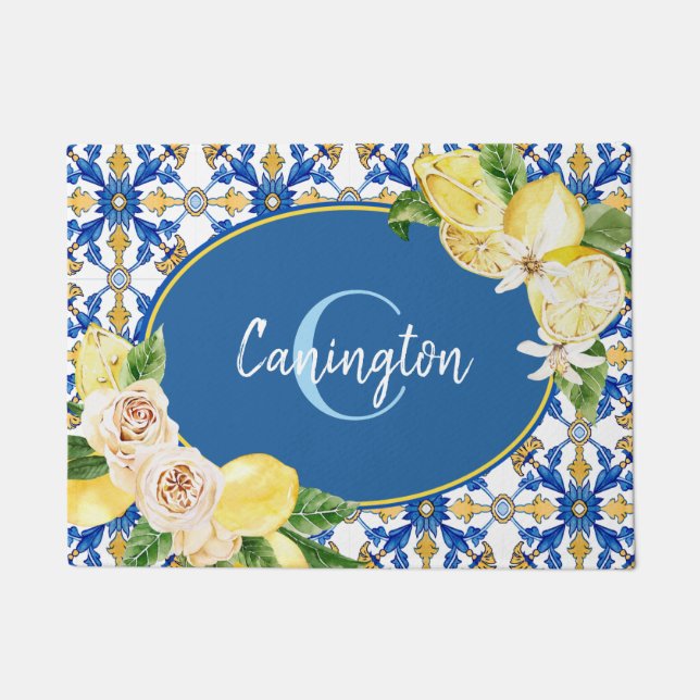 Blue Lemon Mediterranean Monogram Name New Home Do Deurmat (Voorkant)