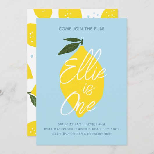 Blue Lemonade First Birthday Uitnodiging (Voorkant / Achterkant)