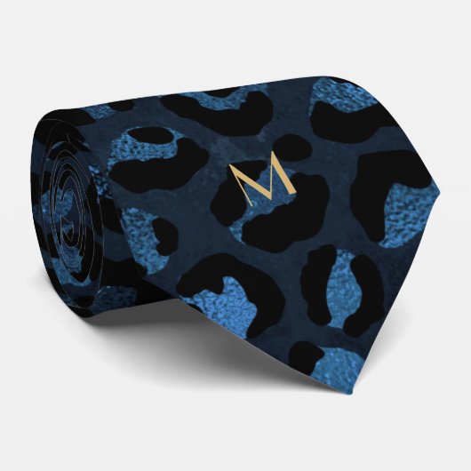 Blue Leopard Glitter Print Gold Monogram Initiaal Stropdas (Opgerold)