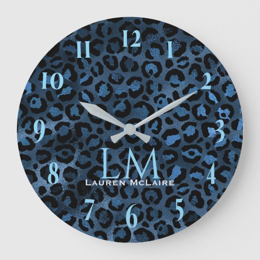 Blue Leopard Personalized Modern Wall Clock Grote Klok (Voorkant)