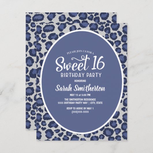 Blue Leopard Print Sweet 16 Uitnodiging (Voorkant / Achterkant)