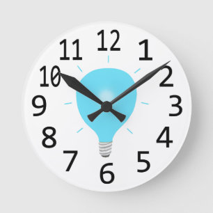 Blue Light Bulb Wall-klokken, grote zwarte cijfers Ronde Klok