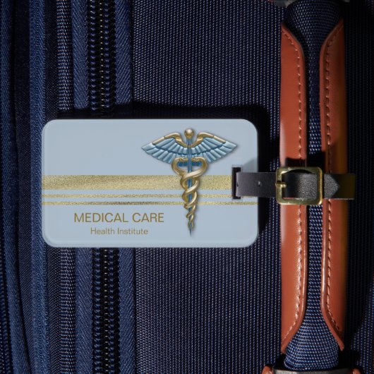 Blue Light Medical Caduceus Faux Gold Foil Stripes Bagagelabel (Voorkant Insitu 4)