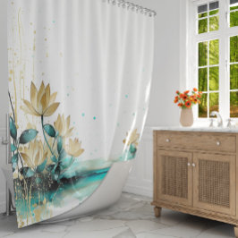 Blue Lily Serenity: Waterverf Teal en Goud  Douchegordijn