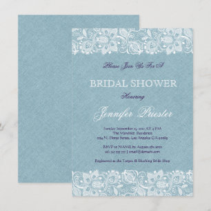 Blue Linen Burlap & White Floral Lace 2 Invite Kaart