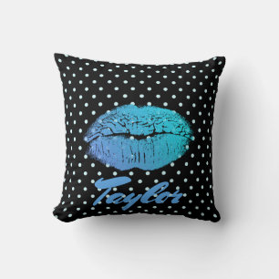 Blue Lips Kiss Zwart en blauw polka dot patroon Kussen