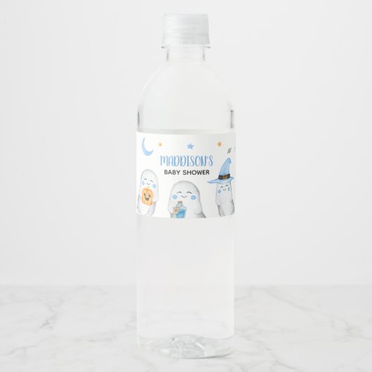 Blue Little Boo Ghost Baby shower Waterfles Etiket (Voorkant)
