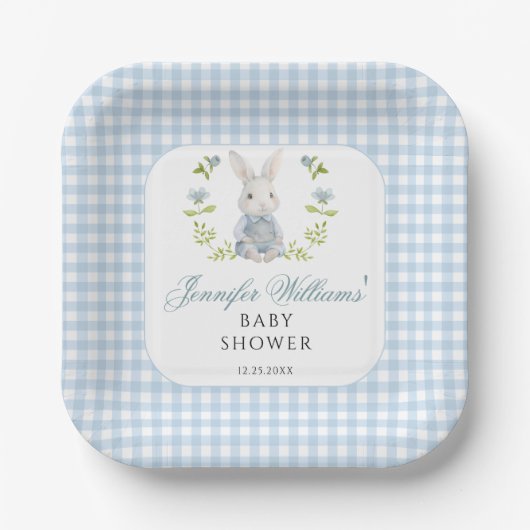 Blue Little Bunny Boy Gingham Boho Baby shower Papieren Bordje (Voorkant)