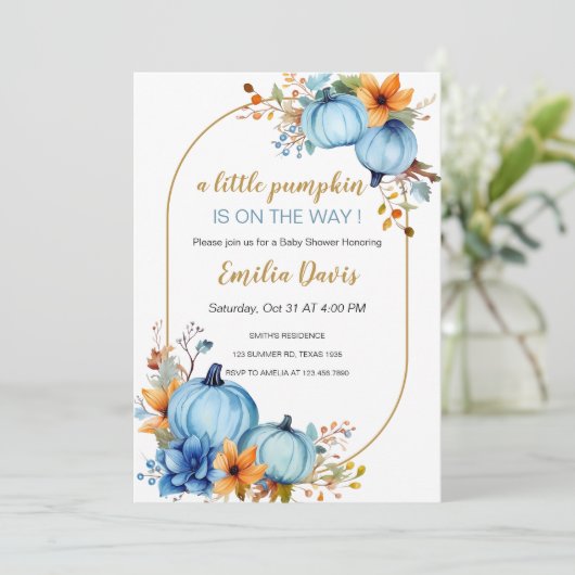 Blue Little Citrouille Baby Shower Invitations (Debout devant)