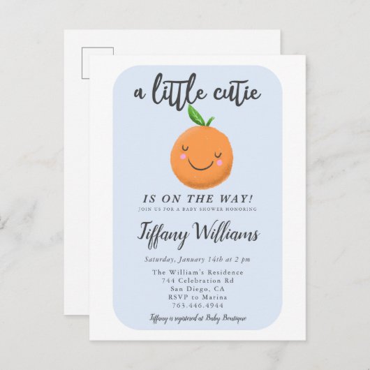 Blue Little Cutie Baby shower Uitnodiging Briefkaart (Voorkant / Achterkant)