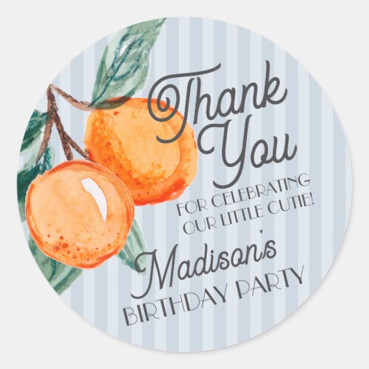 Blue Little Cutie Citrus Verjaardagsfeestje Ronde Sticker (Voorkant)