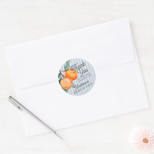 Blue Little Cutie Citrus Verjaardagsfeestje Ronde Sticker (Envelop)