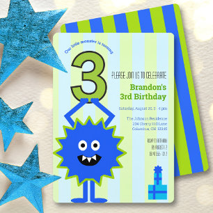 Blue Little Monster 3rd Birthday Boy Fun Schattige Kaart