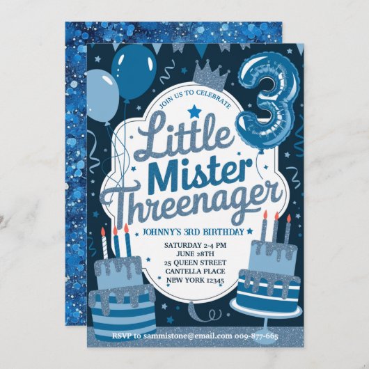 Blue Little Mr. Threenager Invitation pour garçon (Devant / Derrière)