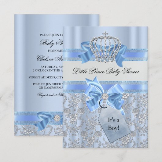 Blue Little Prince Crown Baby shower Invitation Kaart (Voorkant / Achterkant)