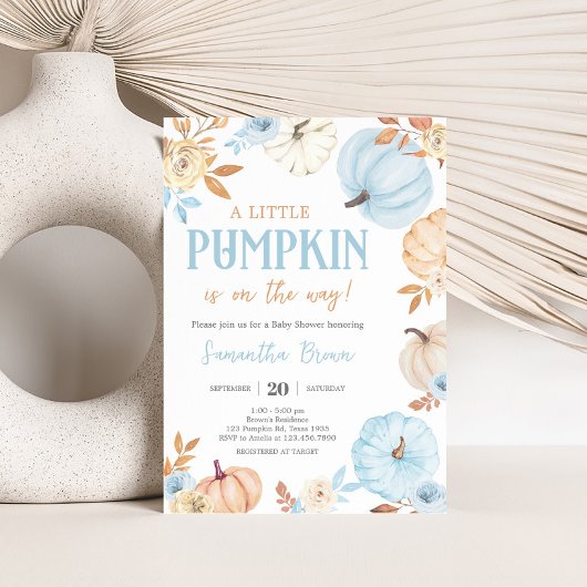 Blue Little Pumpkin Fall Baby Shower Kaart