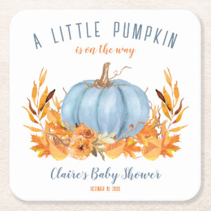 Blue Little Pumpkin Herfst Boy Baby shower Vierkante Kartonnen Onderzetter