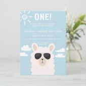 Blue llama Fun Boy First Birthday Party Invitation Kaart (Staand voorkant)