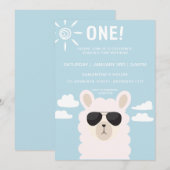 Blue llama Fun Boy First Birthday Party Invitation Kaart (Voorkant / Achterkant)