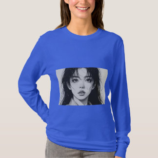 Blue Long Sleeve T-Shirt with Black and White Arti