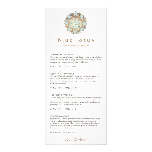 Blue Lotus Massage Therapist Price List Menu (Devant)