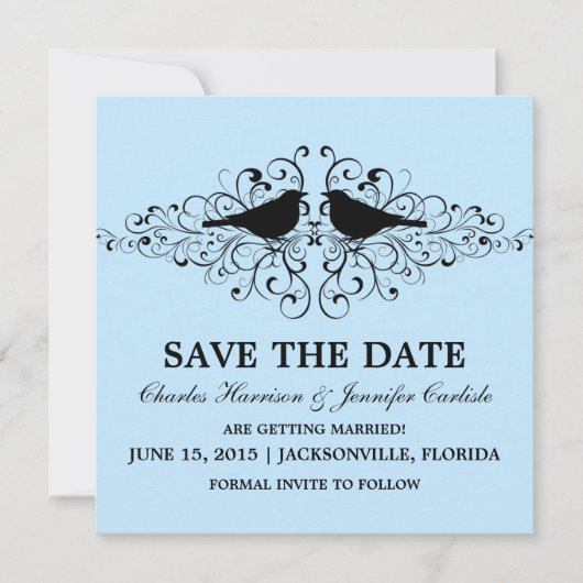 Blue Love Bird Swirls Save the Date Invite Kaart (Voorkant)