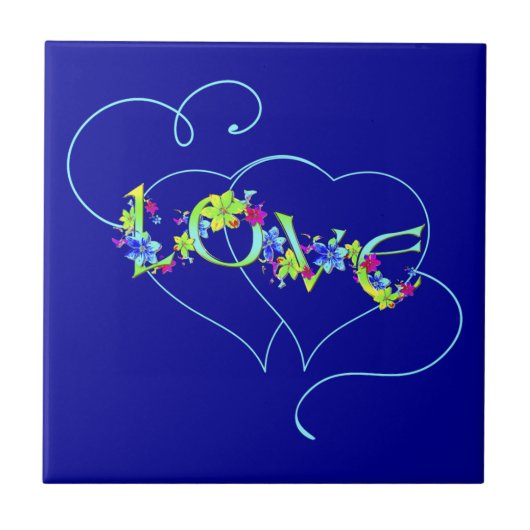 Blue Love Hearts and Flowers Tile Tegeltje (Voorkant)